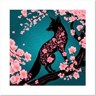 Spring sakura fox with background Posters and Art